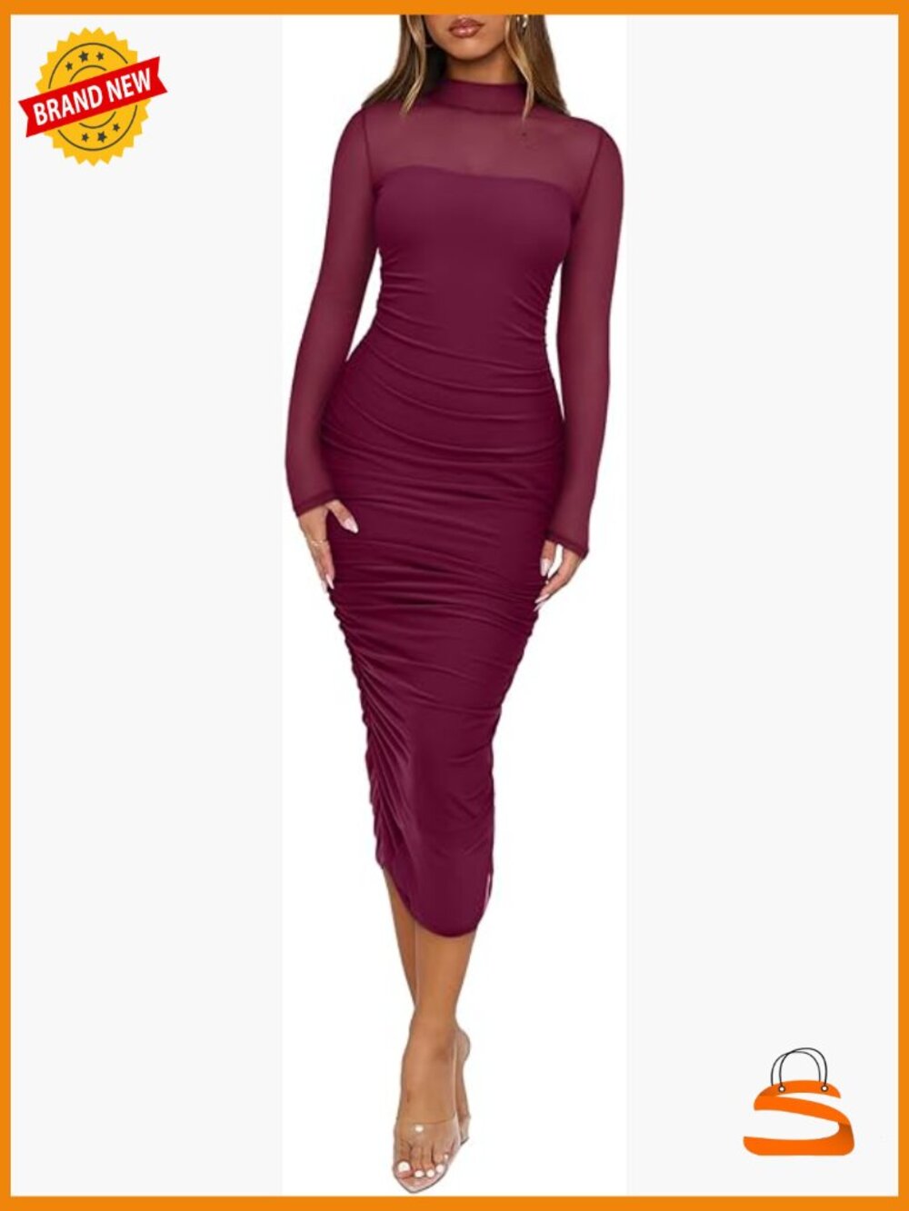 Mesh Sheer Long Sleeve Midi Ruched Bodycon Dress Mock Neck Evening Party - Picture 1 of 7